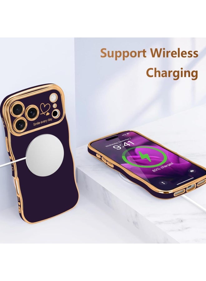 For iPhone 17 Pro Max Case for Women Girls, Cute Wave Frame Curly Shape with Love Heart Raised Camera Protection Cover Luxury Plating Shockproof Phone Case for iPhone 17 Pro Max, Dark Purple - Image 4