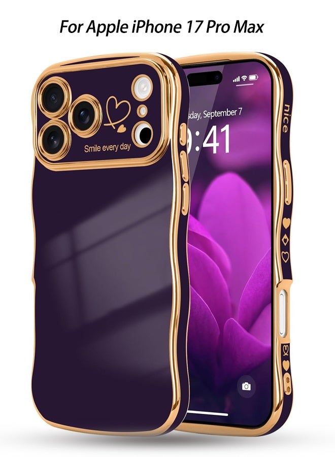 For iPhone 17 Pro Max Case for Women Girls, Cute Wave Frame Curly Shape with Love Heart Raised Camera Protection Cover Luxury Plating Shockproof Phone Case for iPhone 17 Pro Max, Dark Purple - Image 1