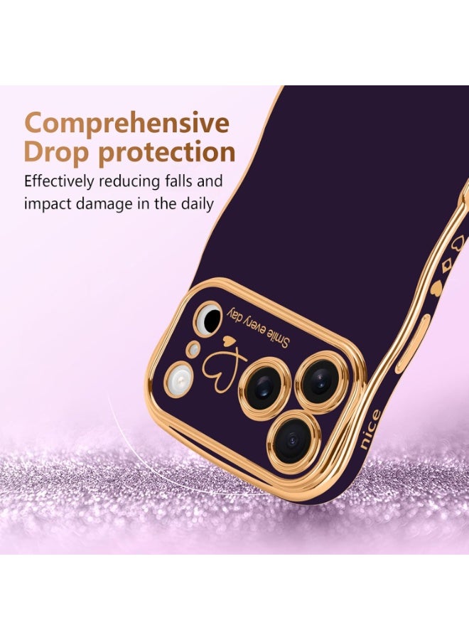For iPhone 17 Pro Max Case for Women Girls, Cute Wave Frame Curly Shape with Love Heart Raised Camera Protection Cover Luxury Plating Shockproof Phone Case for iPhone 17 Pro Max, Dark Purple - Image 2