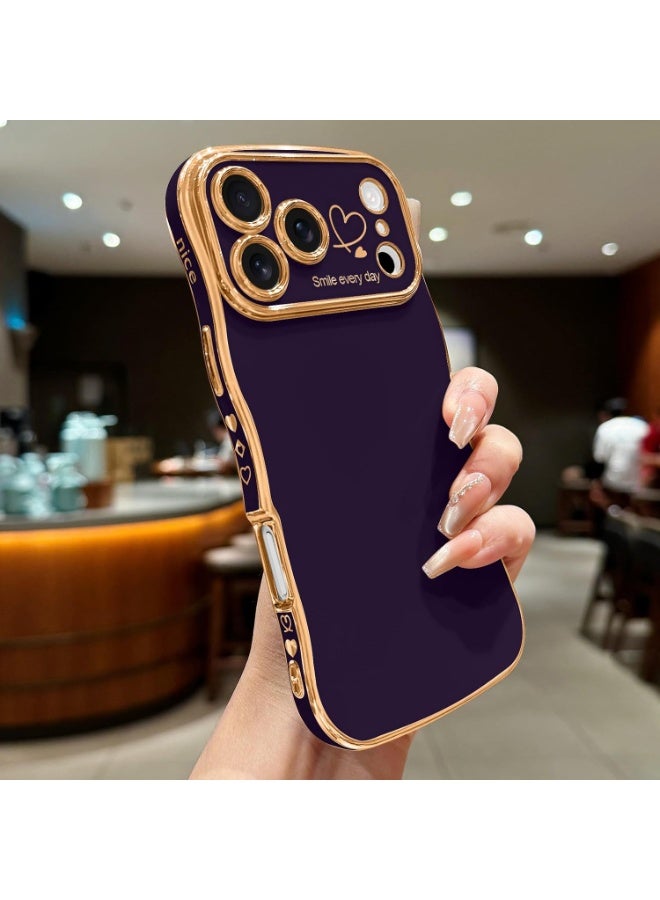 For iPhone 17 Pro Max Case for Women Girls, Cute Wave Frame Curly Shape with Love Heart Raised Camera Protection Cover Luxury Plating Shockproof Phone Case for iPhone 17 Pro Max, Dark Purple - Image 5