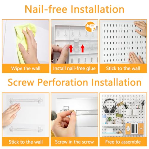 BELLO YON 16pcs Pegboard sets, Plastic White Peg board Wall Organizer Kits,4pcs Peg Board and 12 Accessories Modular Hanging, Wall Mount Display Pegboard Panel Sets for Home Office Garage Kitchen Workshop - Image 5
