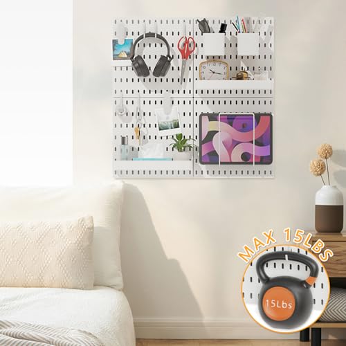 BELLO YON 16pcs Pegboard sets, Plastic White Peg board Wall Organizer Kits,4pcs Peg Board and 12 Accessories Modular Hanging, Wall Mount Display Pegboard Panel Sets for Home Office Garage Kitchen Workshop - Image 2