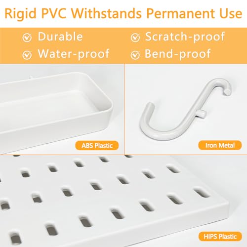 BELLO YON 16pcs Pegboard sets, Plastic White Peg board Wall Organizer Kits,4pcs Peg Board and 12 Accessories Modular Hanging, Wall Mount Display Pegboard Panel Sets for Home Office Garage Kitchen Workshop - Image 3
