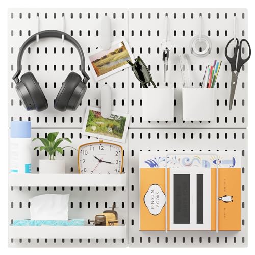 BELLO YON 16pcs Pegboard sets, Plastic White Peg board Wall Organizer Kits,4pcs Peg Board and 12 Accessories Modular Hanging, Wall Mount Display Pegboard Panel Sets for Home Office Garage Kitchen Workshop - Image 1