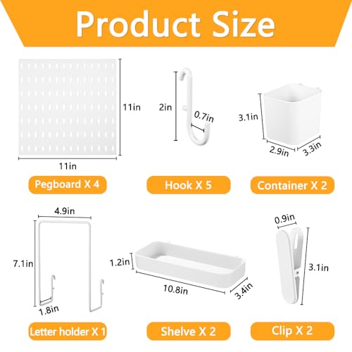 BELLO YON 16pcs Pegboard sets, Plastic White Peg board Wall Organizer Kits,4pcs Peg Board and 12 Accessories Modular Hanging, Wall Mount Display Pegboard Panel Sets for Home Office Garage Kitchen Workshop - Image 4