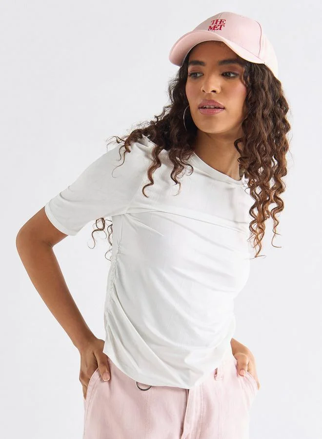 Splash FAV Ruched Detail Crew Neck Top with Short Sleeves