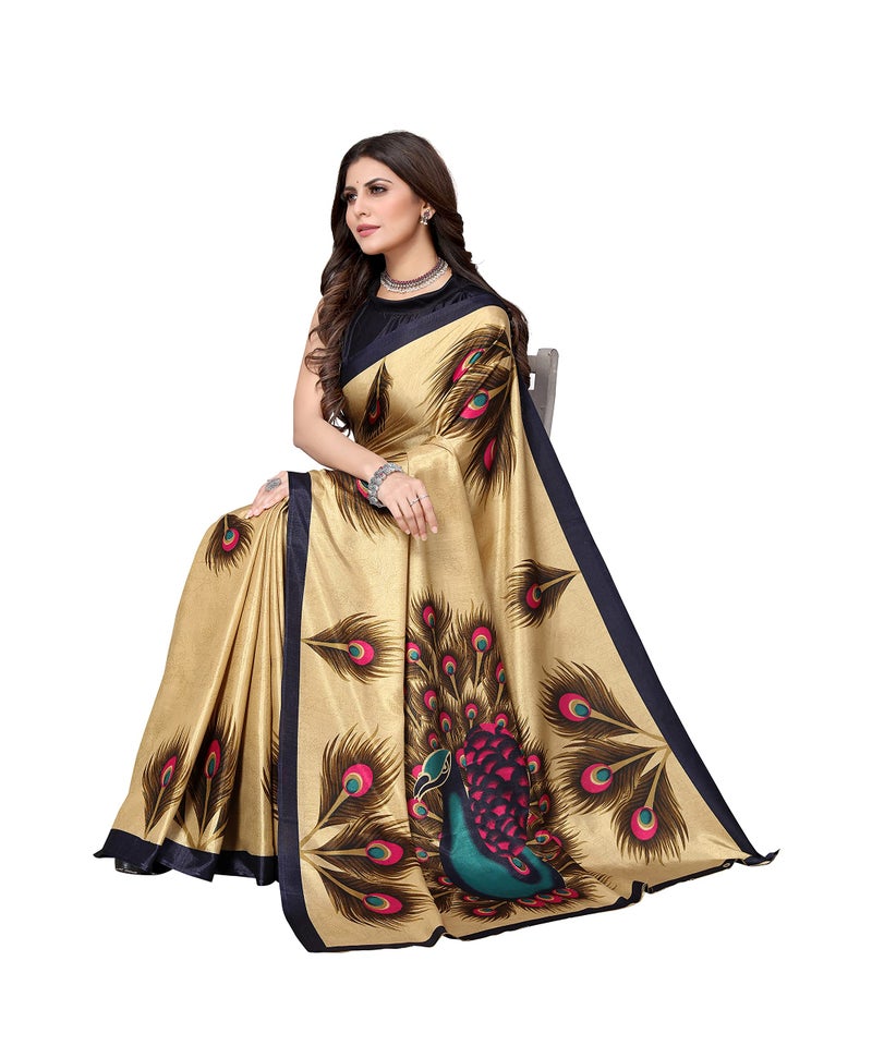 Yashika Women's Plain Printed Art Silk Saree (Golden PEACOCK01 - Image 2