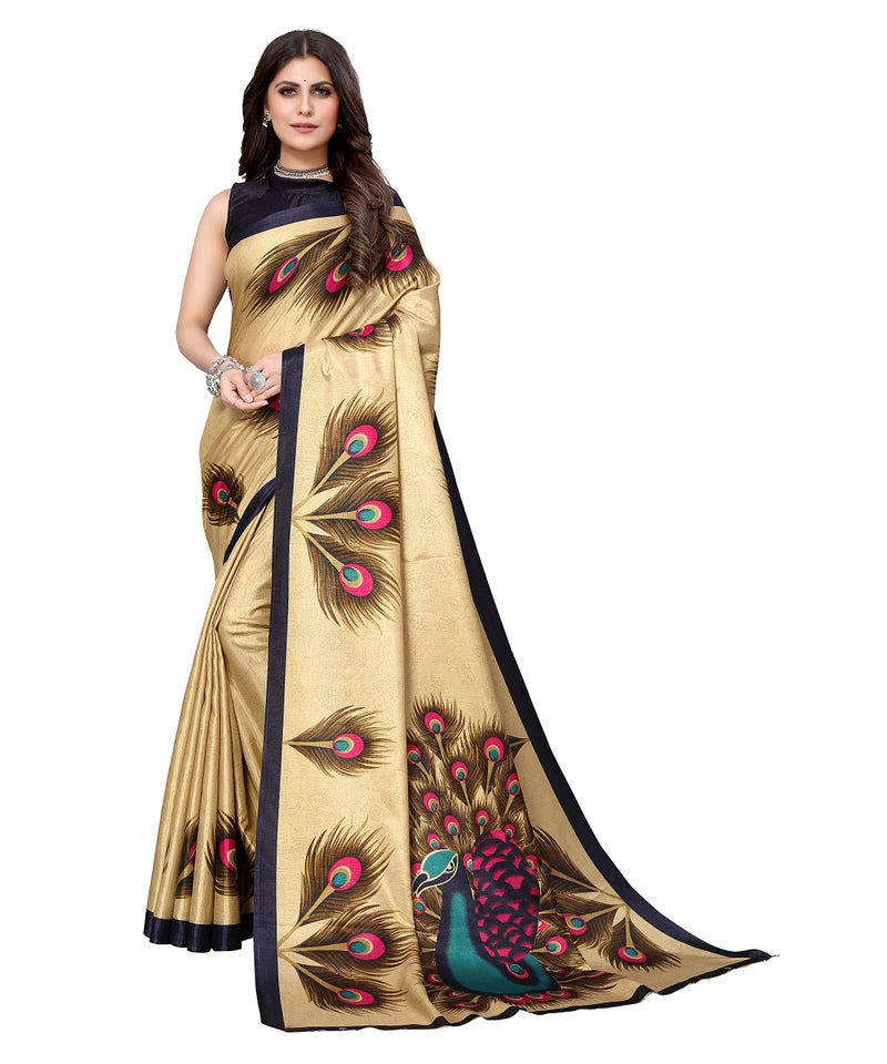 Yashika Women's Plain Printed Art Silk Saree (Golden PEACOCK01 - Image 1