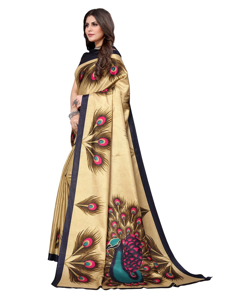 Yashika Women's Plain Printed Art Silk Saree (Golden PEACOCK01 - Image 3