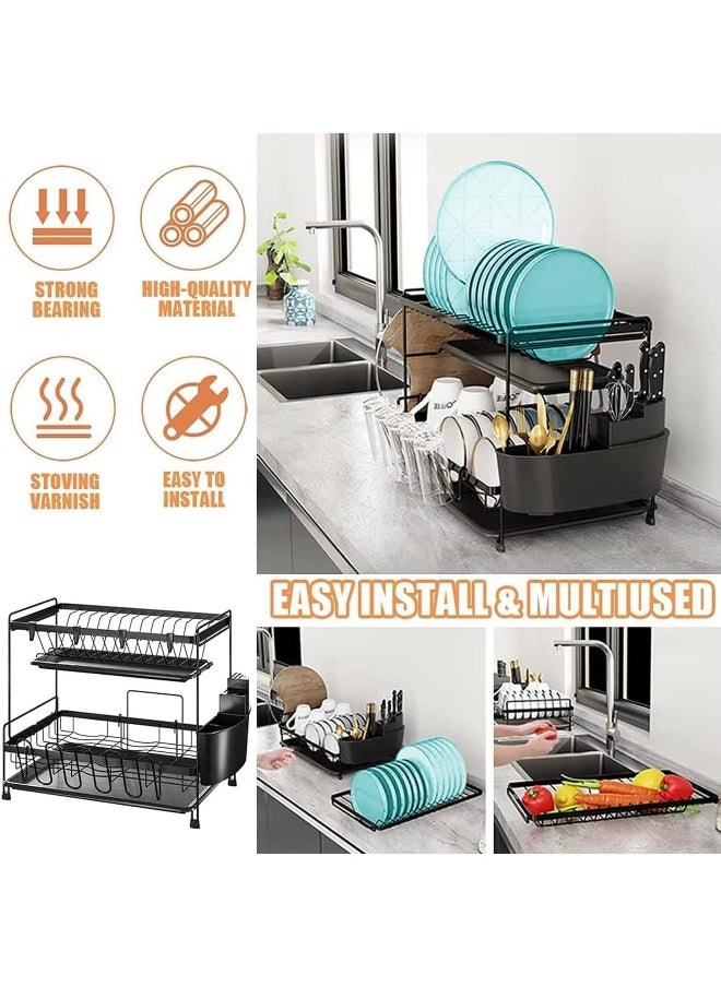 sulfar - Dish Drying Stand With Drainer 2 Tiers Large Kitchen Dish Rack with Removable Cutting Board Holder Utensil Holder and Cup Holder Baking Paint Process Coatings Dish Drainer (Black) - Image 1