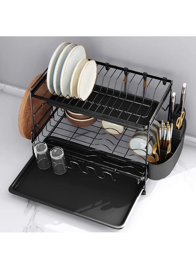 sulfar - Dish Drying Stand With Drainer 2 Tiers Large Kitchen Dish Rack with Removable Cutting Board Holder Utensil Holder and Cup Holder Baking Paint Process Coatings Dish Drainer (Black) - Image 1