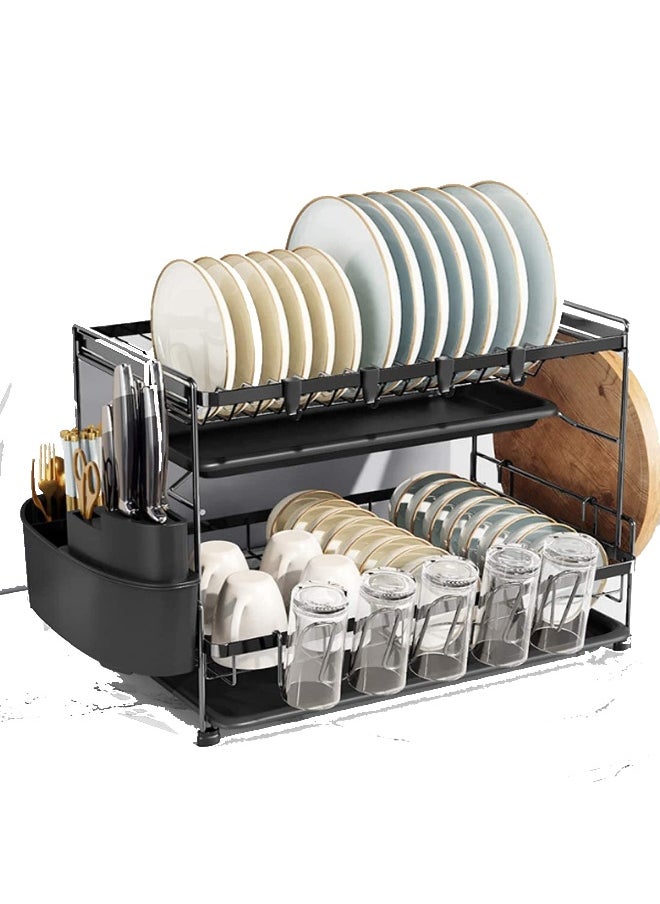 sulfar - Dish Drying Stand With Drainer 2 Tiers Large Kitchen Dish Rack with Removable Cutting Board Holder Utensil Holder and Cup Holder Baking Paint Process Coatings Dish Drainer (Black) - Image 1