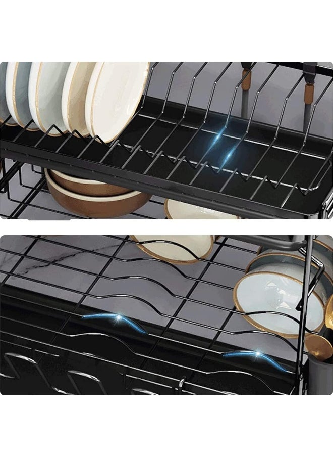 sulfar - Dish Drying Stand With Drainer 2 Tiers Large Kitchen Dish Rack with Removable Cutting Board Holder Utensil Holder and Cup Holder Baking Paint Process Coatings Dish Drainer (Black) - Image 1