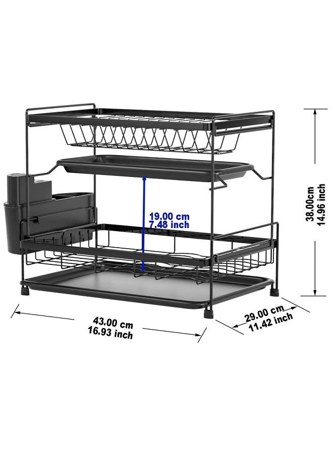 sulfar - Dish Drying Stand With Drainer 2 Tiers Large Kitchen Dish Rack with Removable Cutting Board Holder Utensil Holder and Cup Holder Baking Paint Process Coatings Dish Drainer (Black) - Image 1