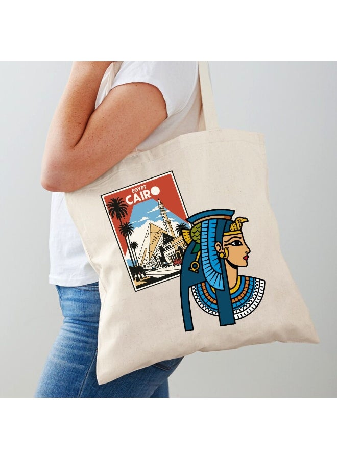 We Print, Your Gift Cleopatra Egyptian Canvas Tote Bag with “Cairo Egypt” Poster Design | 40×40 cm | Premium Off-White Heavy Canvas - Image 2