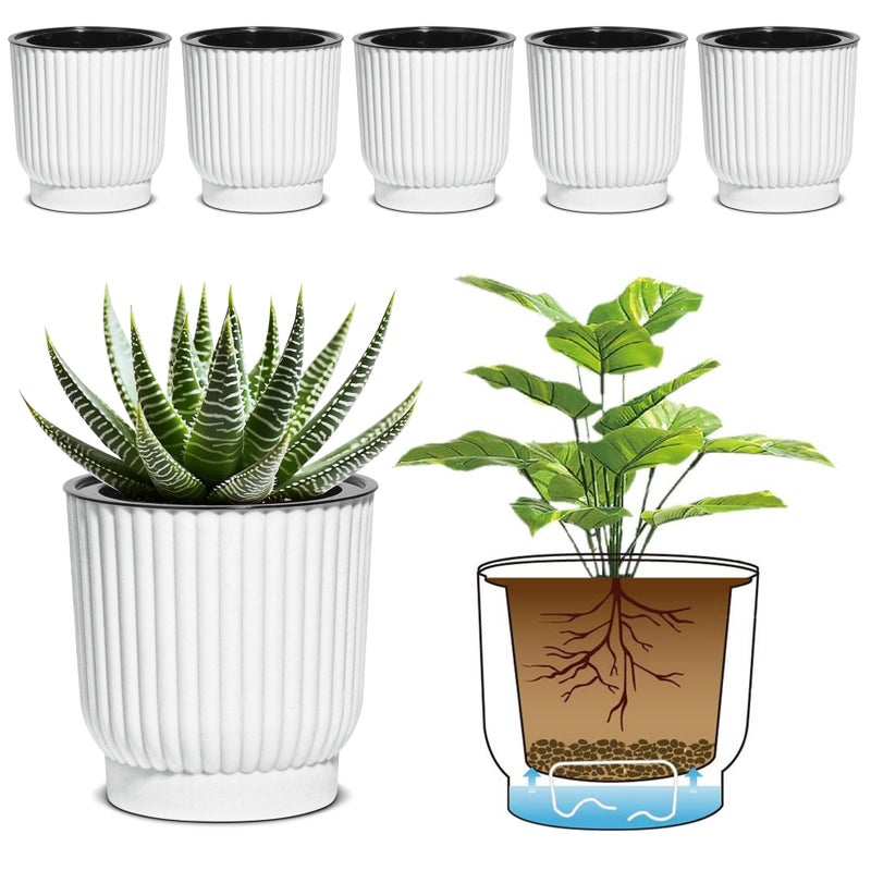 T4U 4 Inch Plant Pots Self Watering, 6 Pack African Violet Pots, Small Plant Pots for Plants, Small Indoor Plant Pot, Self Watering Planter for African Violet, Succulents (6 Pack, 4", White) - Image 1