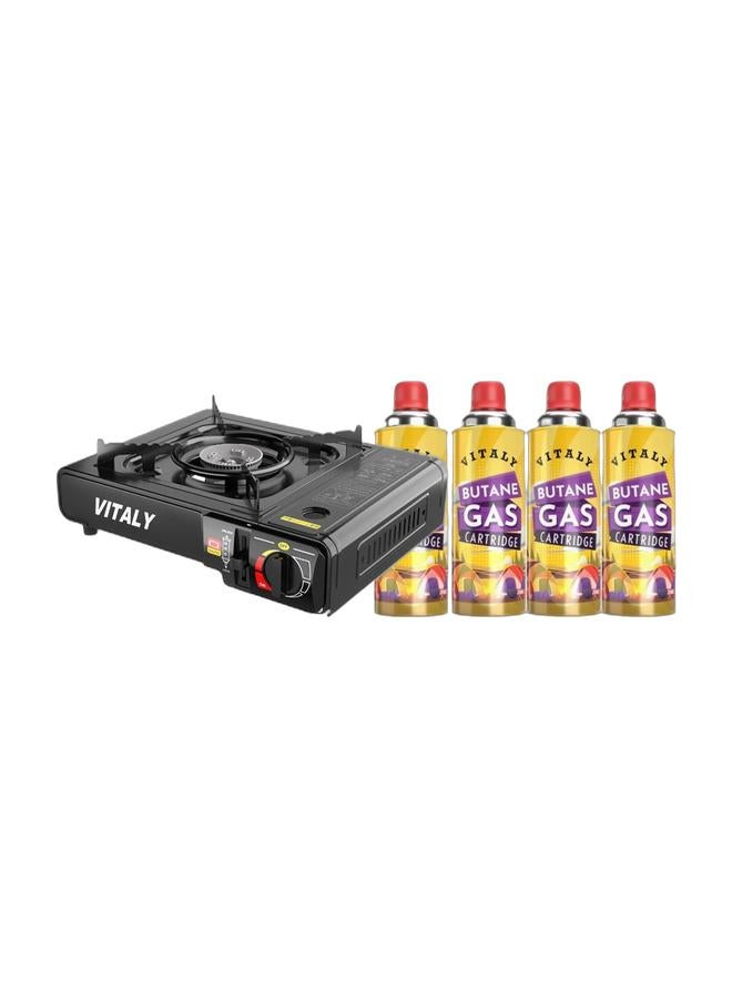 Vitaly Portable Gas Stove Black Color for Outdoor Cooking & VITALY Butane Gas Cartridge 4-Pack for Camping & Outdoor UseBundle - Image 1