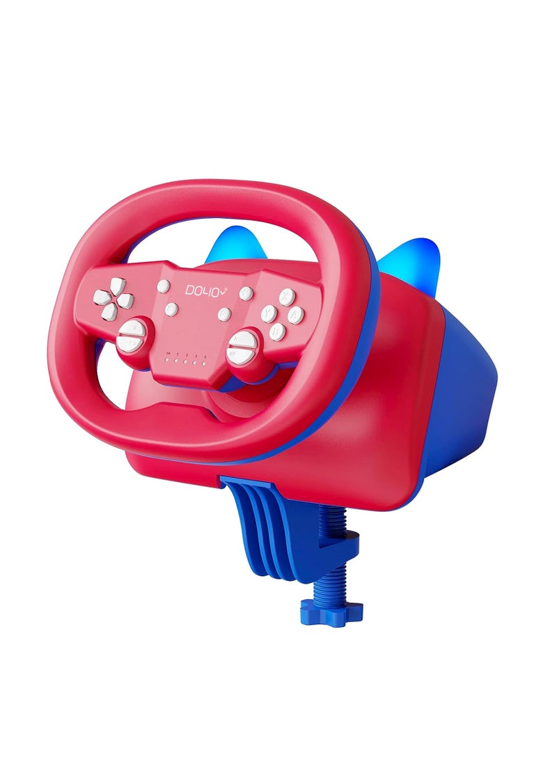 Wireless Gaming Racing Wheel with Cat Ear Light, Bluetooth Wired Dual-Mode Steering Wheel for Nintendo Switch, PC, PS4, PS3, ios/Android mobile phones, Tablets Red Blue  - Image 1