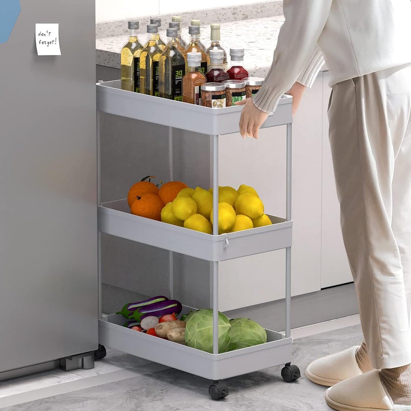 SPACELEAD SAKA Slim Storage Cart,3 Tier Bathroom Rolling Utility Cart Storage Organizer Slide Out Cart, Mobile Shelving Unit Organizer Trolley for Office Bathroom Kitchen Laundry Room Narrow Places, Grey - Image 5