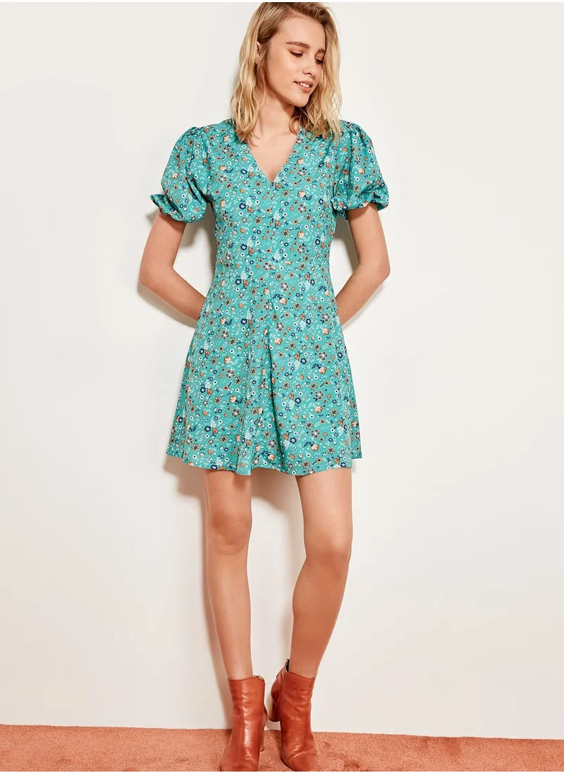 trendyol Puff Sleeve Floral Print Skater Dress