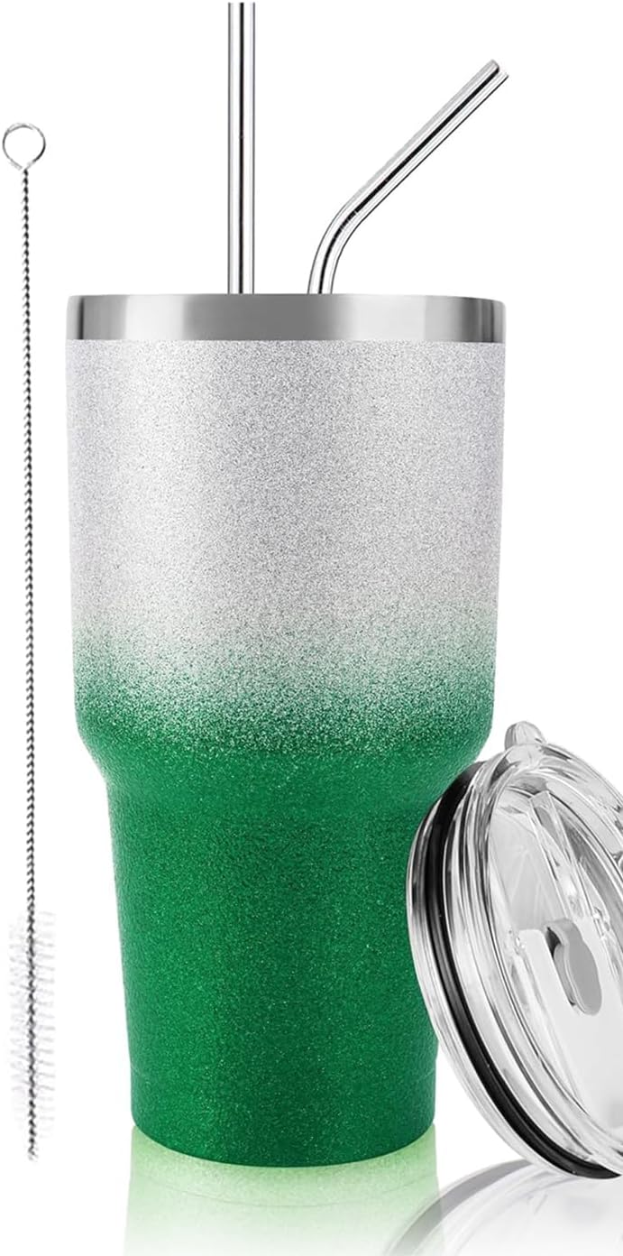 DS 30 oz Tumbler Christmas Green Glitter Gradient Cup Stainless Steel Double Wall Vacuum Insulated Mug with Straw and Lid, Cleaning Brush for Cold and Hot Beverages - Image 1