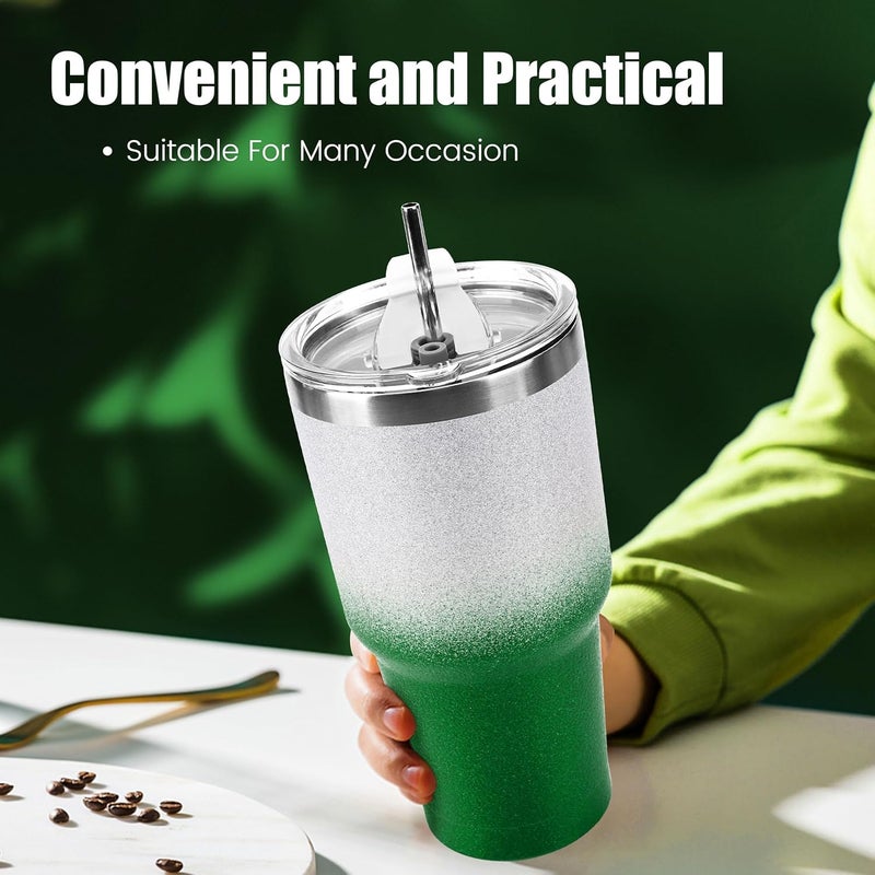 DS 30 oz Tumbler Christmas Green Glitter Gradient Cup Stainless Steel Double Wall Vacuum Insulated Mug with Straw and Lid, Cleaning Brush for Cold and Hot Beverages - Image 4