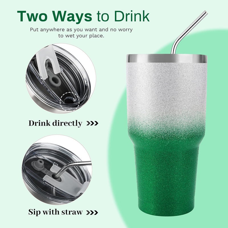DS 30 oz Tumbler Christmas Green Glitter Gradient Cup Stainless Steel Double Wall Vacuum Insulated Mug with Straw and Lid, Cleaning Brush for Cold and Hot Beverages - Image 2