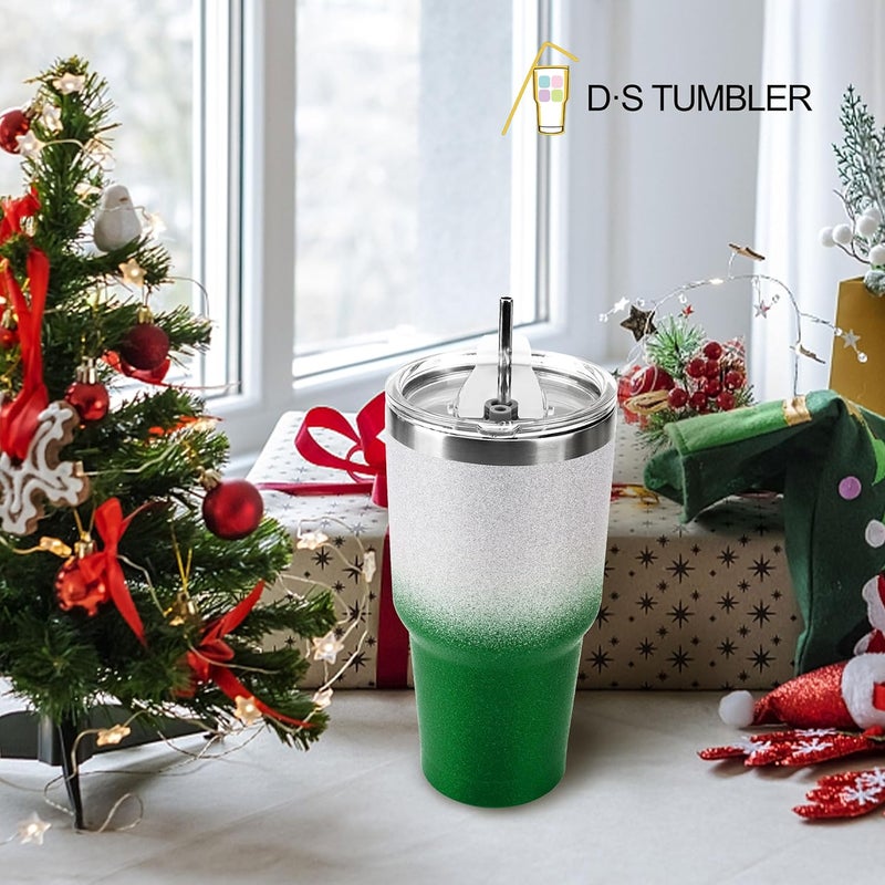 DS 30 oz Tumbler Christmas Green Glitter Gradient Cup Stainless Steel Double Wall Vacuum Insulated Mug with Straw and Lid, Cleaning Brush for Cold and Hot Beverages - Image 5