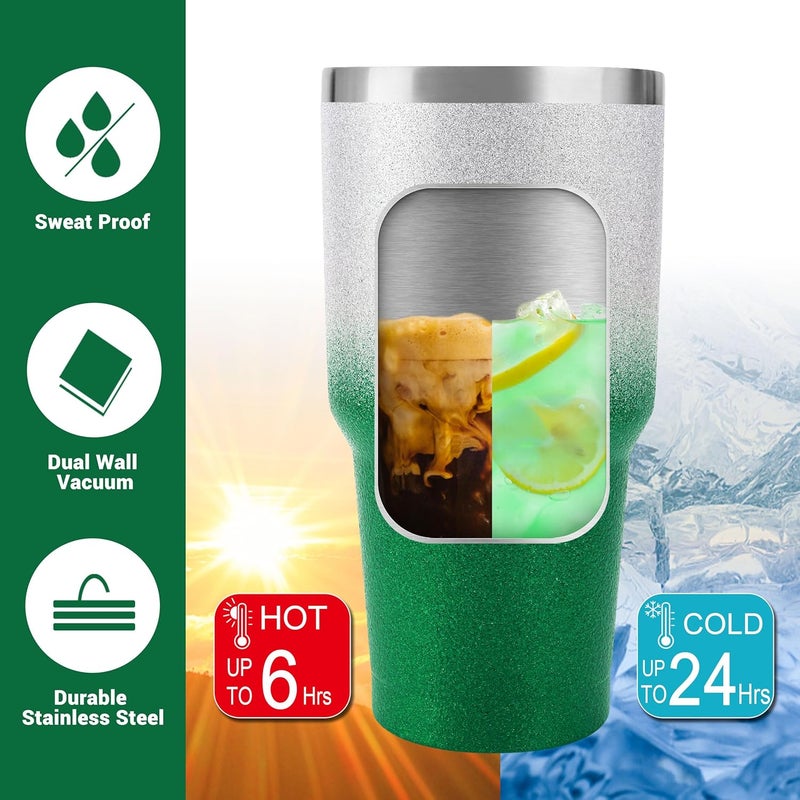 DS 30 oz Tumbler Christmas Green Glitter Gradient Cup Stainless Steel Double Wall Vacuum Insulated Mug with Straw and Lid, Cleaning Brush for Cold and Hot Beverages - Image 3