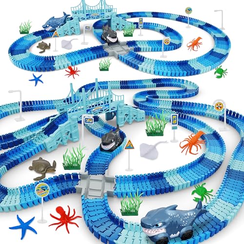Toyk Track Race Car Toys for Kids Create A Ocean World Race Road Flexible Tracks Playset 2PCS Cool Shark Cars Toddler Toys Birthday Gifts for Age 3 4 5 6 Year Old Boys Girls - Image 1