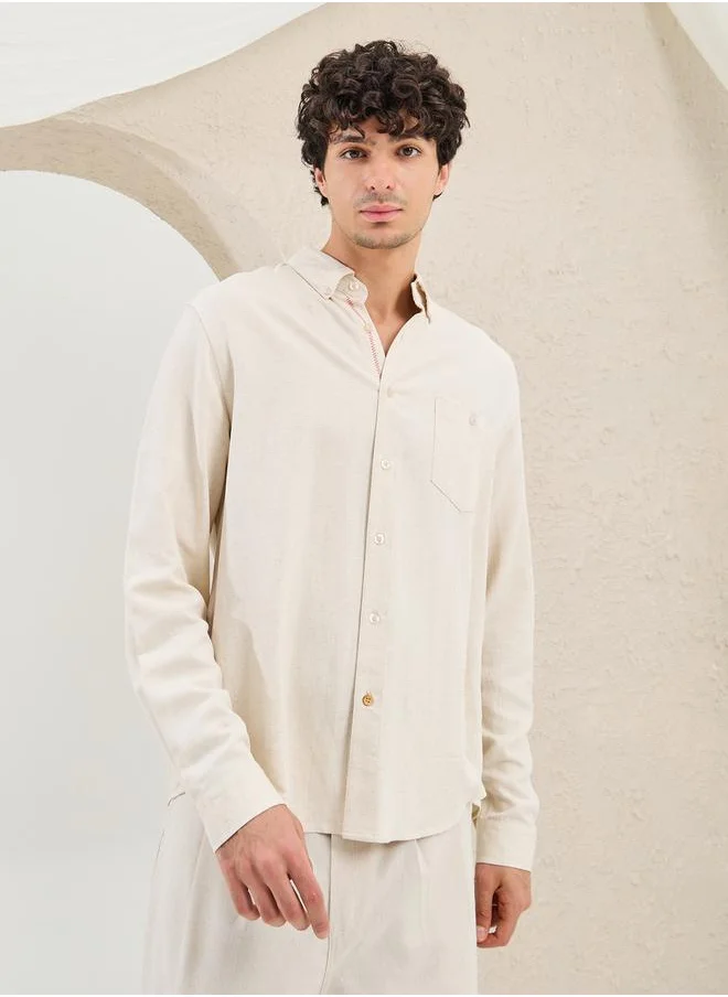 Styli Regular Fit Linen Blend Shirt with Contrast Stitch Detail