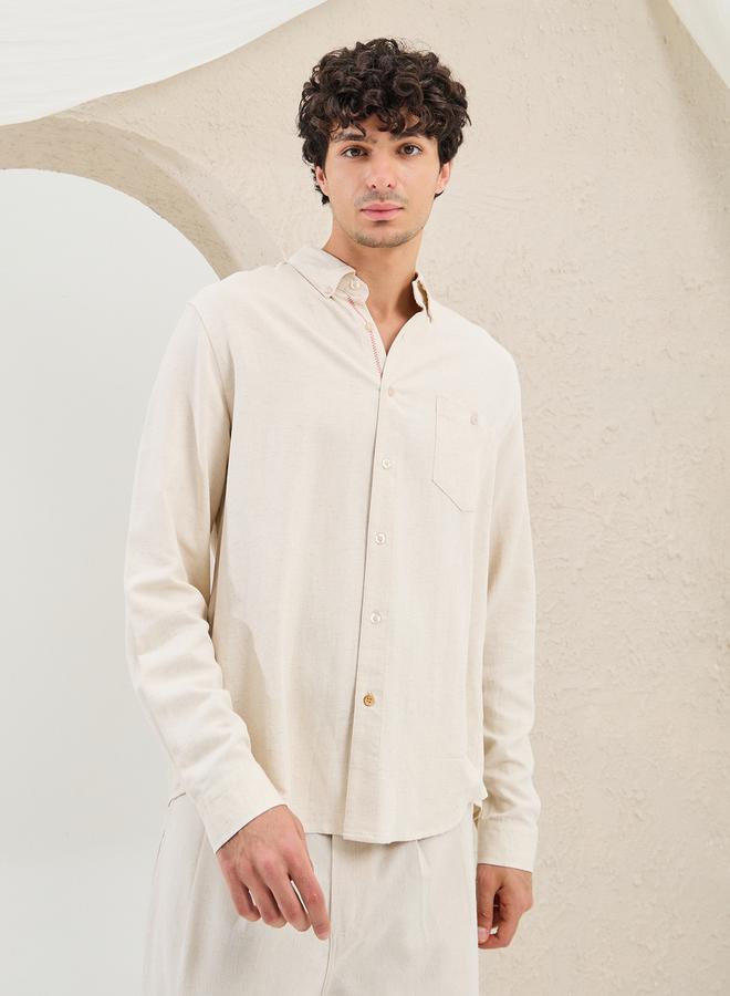 Styli Regular Fit Linen Blend Shirt with Contrast Stitch Detail - Image 1