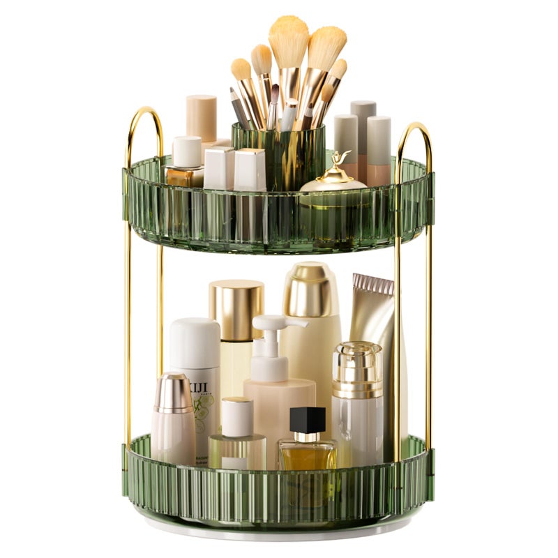 BEFSOP 360Â° Rotating Makeup Organizer, Upgraded 2 Tier Skincare Perfume Organizers for Women, Bathroom Organizer Countertop, Clear Cosmetic Dresser Organizer with Makeup Brush Holder, Sink&Counter (Green) - Image 1