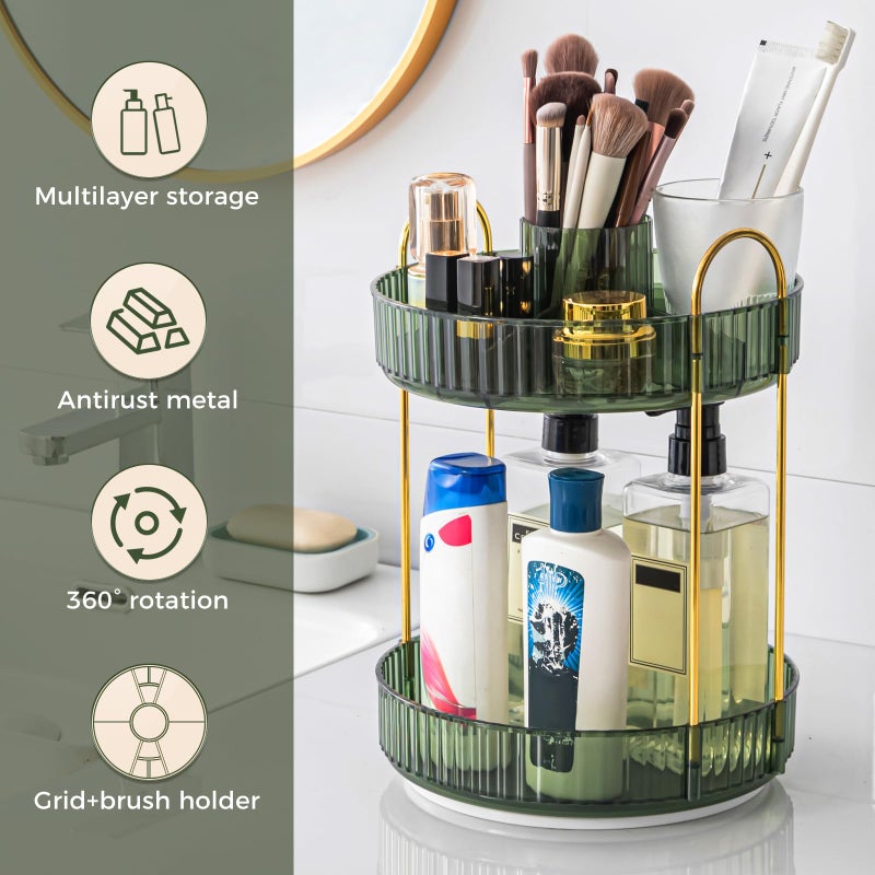 BEFSOP 360Â° Rotating Makeup Organizer, Upgraded 2 Tier Skincare Perfume Organizers for Women, Bathroom Organizer Countertop, Clear Cosmetic Dresser Organizer with Makeup Brush Holder, Sink&Counter (Green) - Image 5