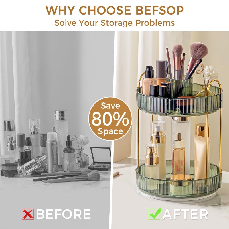 BEFSOP 360Â° Rotating Makeup Organizer, Upgraded 2 Tier Skincare Perfume Organizers for Women, Bathroom Organizer Countertop, Clear Cosmetic Dresser Organizer with Makeup Brush Holder, Sink&Counter (Green) - Image 3