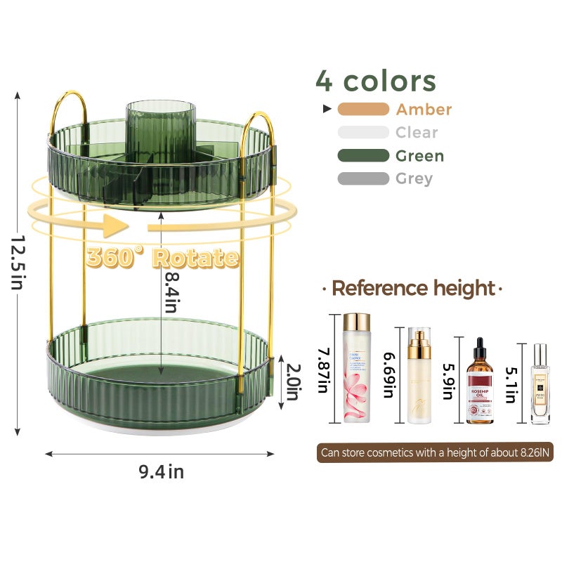 BEFSOP 360Â° Rotating Makeup Organizer, Upgraded 2 Tier Skincare Perfume Organizers for Women, Bathroom Organizer Countertop, Clear Cosmetic Dresser Organizer with Makeup Brush Holder, Sink&Counter (Green) - Image 2