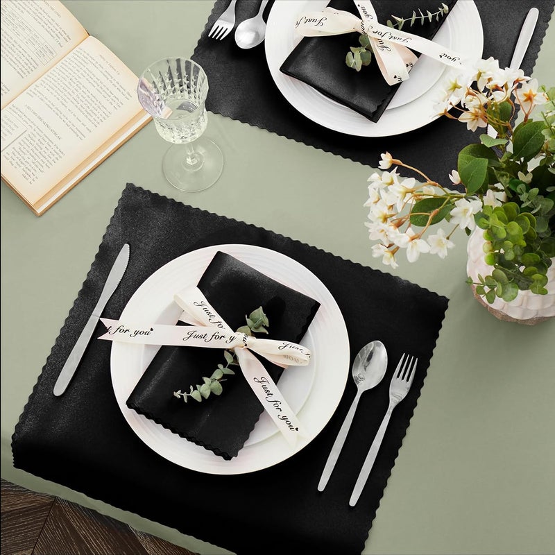 VACVELT 100 Pack Black Satin Napkins, 17x17 Inch Scalloped Elegant Square Dinner Napkins for Wedding, Restaurant, Banquet, Graduation Party - Image 3