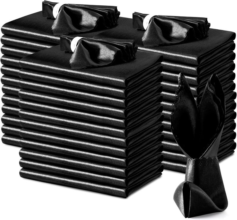 VACVELT 100 Pack Black Satin Napkins, 17x17 Inch Scalloped Elegant Square Dinner Napkins for Wedding, Restaurant, Banquet, Graduation Party - Image 1