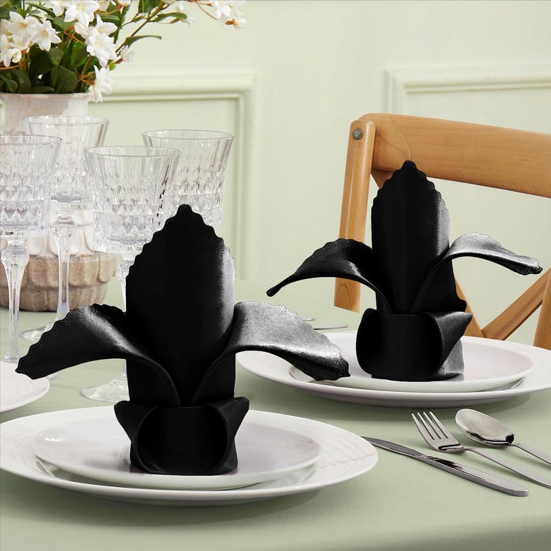 VACVELT 100 Pack Black Satin Napkins, 17x17 Inch Scalloped Elegant Square Dinner Napkins for Wedding, Restaurant, Banquet, Graduation Party - Image 2
