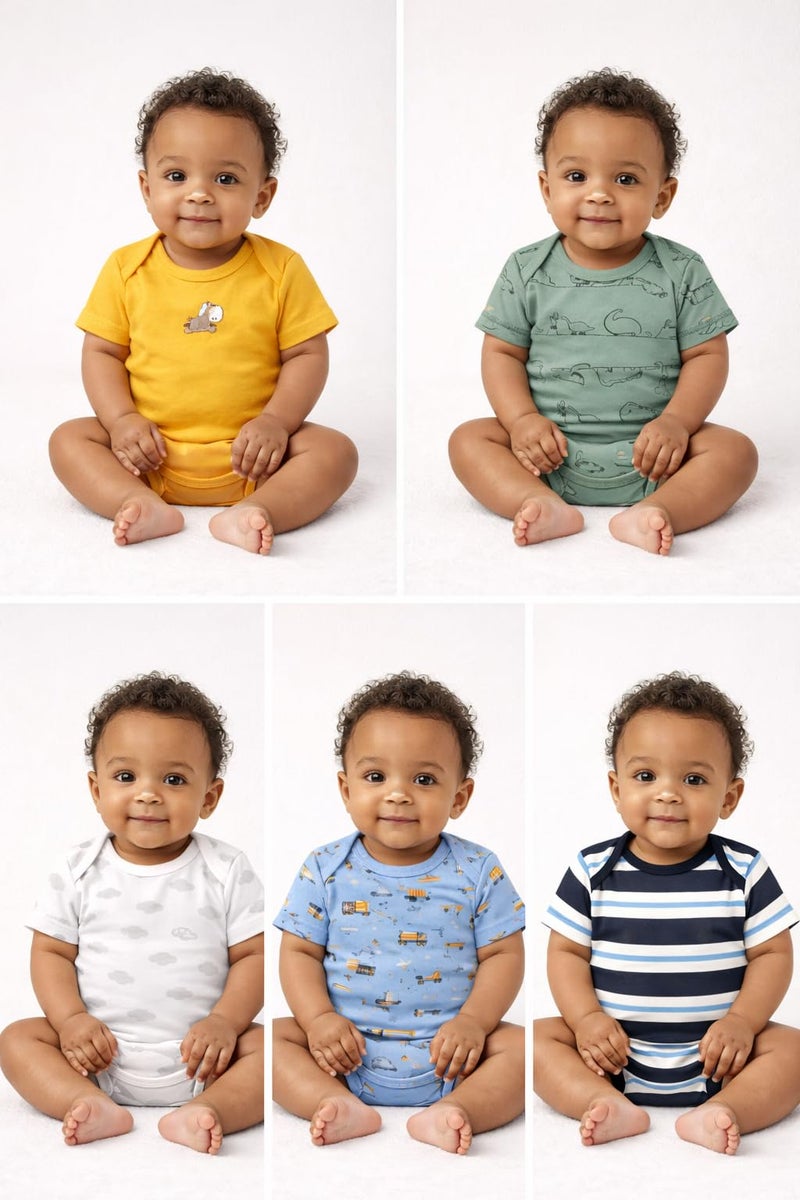 TuddyBuddy 100% Cotton Multi Color Romper/Bodysuit for Baby Boy & Baby Girl - Pack of 5 Bodysuits (Pack of 5 - Blues & Greys - Half Sleeves, 9-12 Months) - Image 5