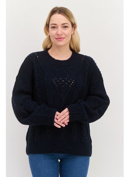 Women Crew Neck Textured Sweater, Navy