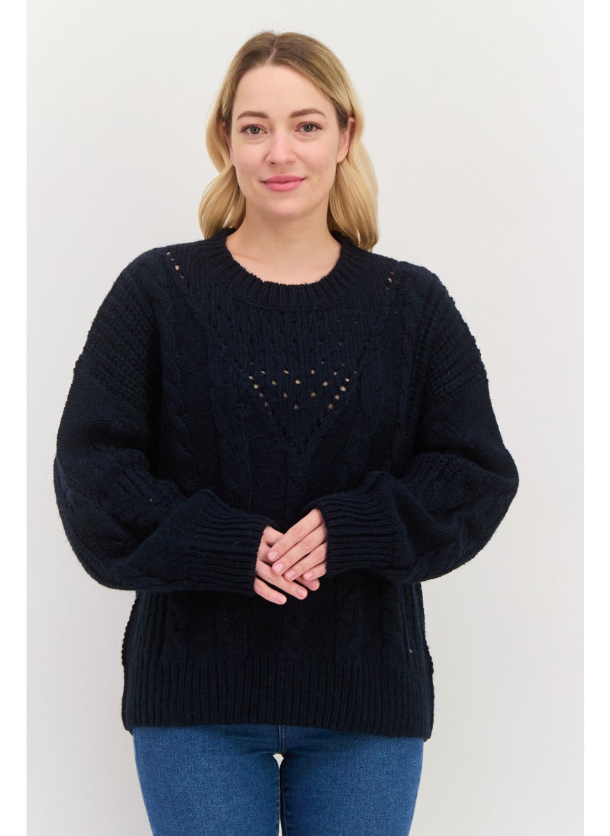 Pepe Jeans Women Crew Neck Textured Sweater, Navy  - Image 1