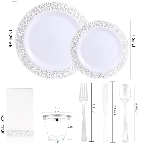 WELLIFE 350pcs Silver Party Dinnerware Set for 50 Guests, Silver Wedding Plates Disposable Heavy Duty, Including :50 Dinner Plates, 50 Dessert Plates, 50 Cups, 50 Napkins, 50 Sliver Silverware Set - Image 2