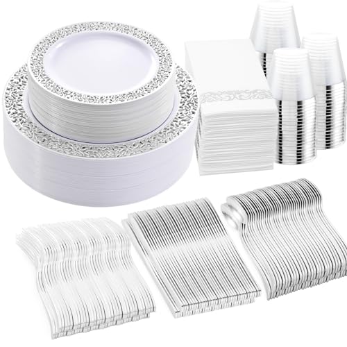WELLIFE 350pcs Silver Party Dinnerware Set for 50 Guests, Silver Wedding Plates Disposable Heavy Duty, Including :50 Dinner Plates, 50 Dessert Plates, 50 Cups, 50 Napkins, 50 Sliver Silverware Set - Image 1