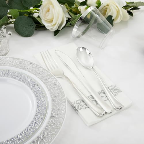WELLIFE 350pcs Silver Party Dinnerware Set for 50 Guests, Silver Wedding Plates Disposable Heavy Duty, Including :50 Dinner Plates, 50 Dessert Plates, 50 Cups, 50 Napkins, 50 Sliver Silverware Set - Image 3