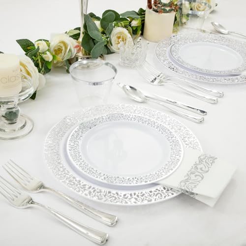 WELLIFE 350pcs Silver Party Dinnerware Set for 50 Guests, Silver Wedding Plates Disposable Heavy Duty, Including :50 Dinner Plates, 50 Dessert Plates, 50 Cups, 50 Napkins, 50 Sliver Silverware Set - Image 5