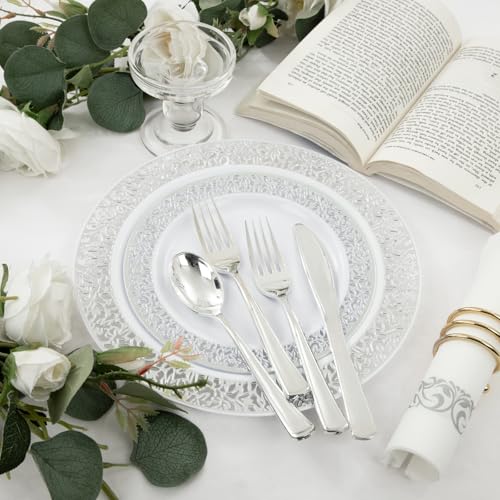 WELLIFE 350pcs Silver Party Dinnerware Set for 50 Guests, Silver Wedding Plates Disposable Heavy Duty, Including :50 Dinner Plates, 50 Dessert Plates, 50 Cups, 50 Napkins, 50 Sliver Silverware Set - Image 4