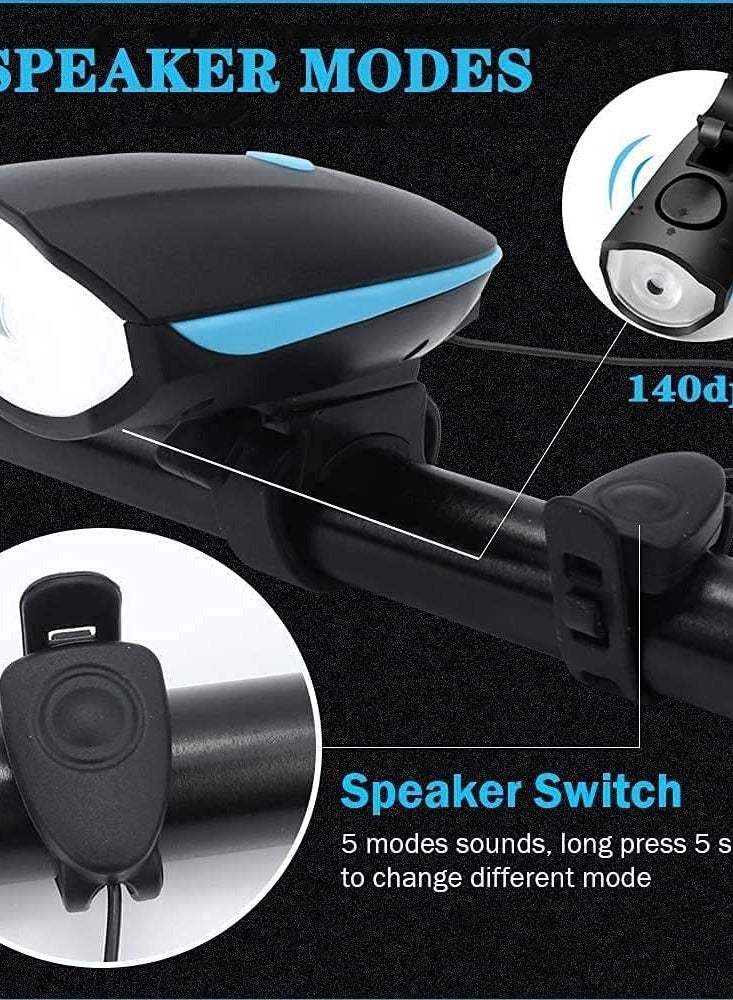 مجموعة أضواء الدراجة مع القرن USB قابلة للشحن دراجة المصباح الأمامي والضوء الخلفي والقرن للماء 3 أوضاع الإضاءة يناسب الدراجات للطرق والجبال - Image 2