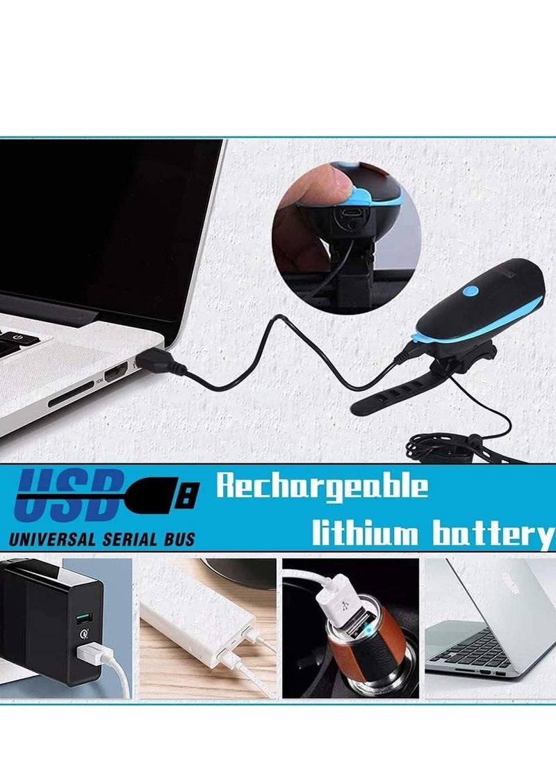 مجموعة أضواء الدراجة مع القرن USB قابلة للشحن دراجة المصباح الأمامي والضوء الخلفي والقرن للماء 3 أوضاع الإضاءة يناسب الدراجات للطرق والجبال - Image 3