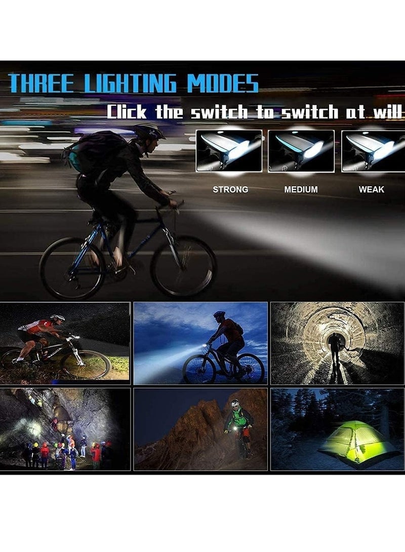 مجموعة أضواء الدراجة مع القرن USB قابلة للشحن دراجة المصباح الأمامي والضوء الخلفي والقرن للماء 3 أوضاع الإضاءة يناسب الدراجات للطرق والجبال - Image 5